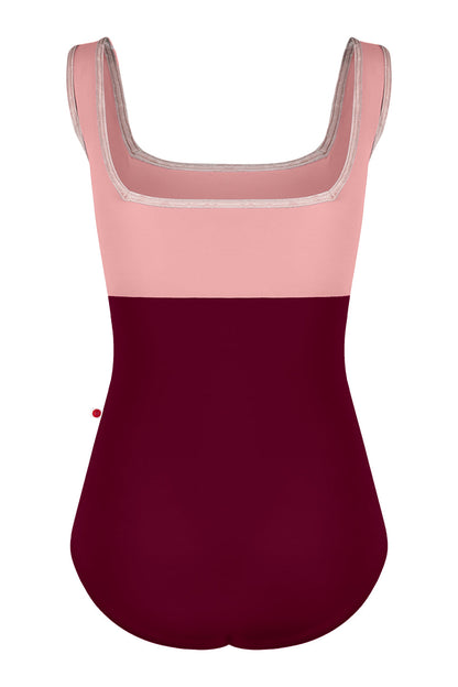 Kids Marieke leotard in N-Burgundy body color with N-Antique Rose top color and CV-Misty Rose trim color
