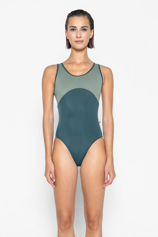 Laura Duo leotard in T-Kale body & trim color with T-Sage top color