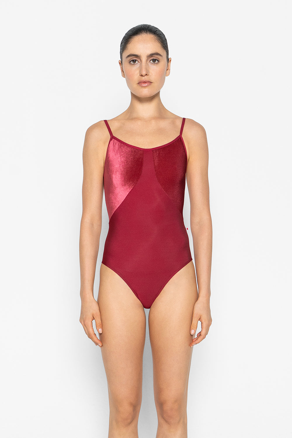 Amanda leotard in N-Berry body color with V-Cerise top color and N-Berry trim color