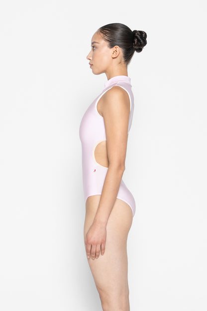 Charlotte leotard in N-Rose body color with V-Buttermilk trim & zipper color