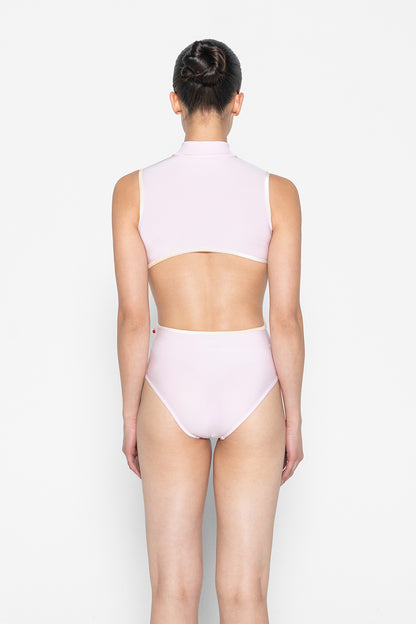 Charlotte leotard in N-Rose body color with V-Buttermilk trim & zipper color