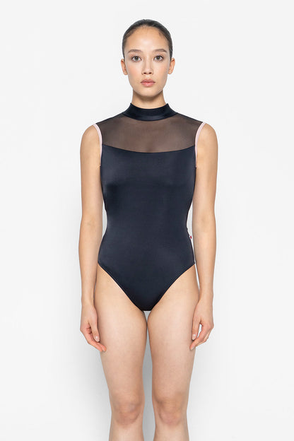 Camila leotard in T-Black body color with Mesh Black top color and T-Petal trim color
