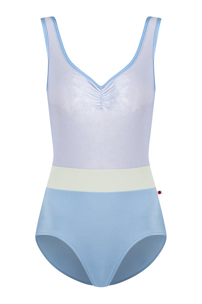 Lucy leotard in N-Moontide body color with V-Serenade top color, N-Moontide trim color and T-Pistachio middle band color