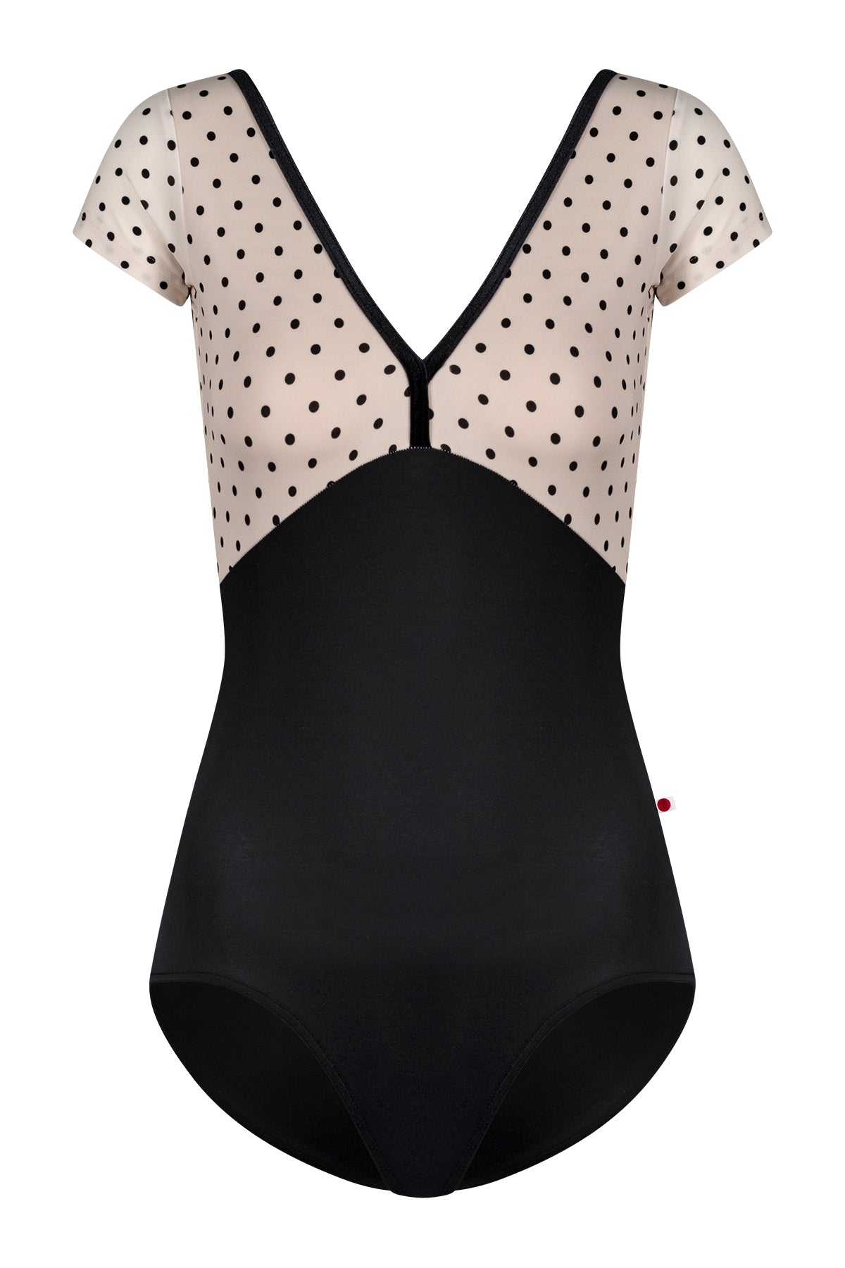 Alicia leotard, cream polka-dot cap-sleeve bodice with black V-neck trim and black body.