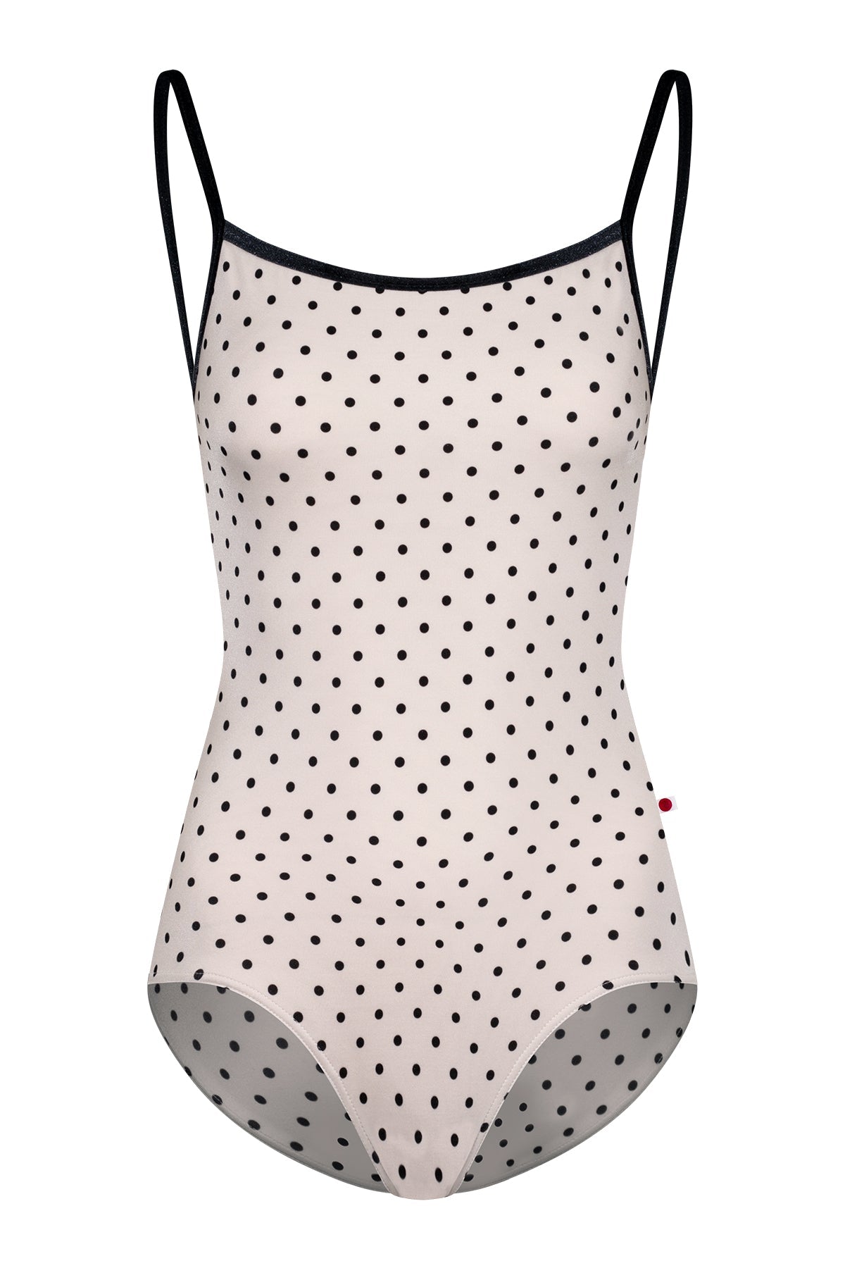 Daniela leotard, all-over cream polka-dot with thin black straps and black neckline trim.