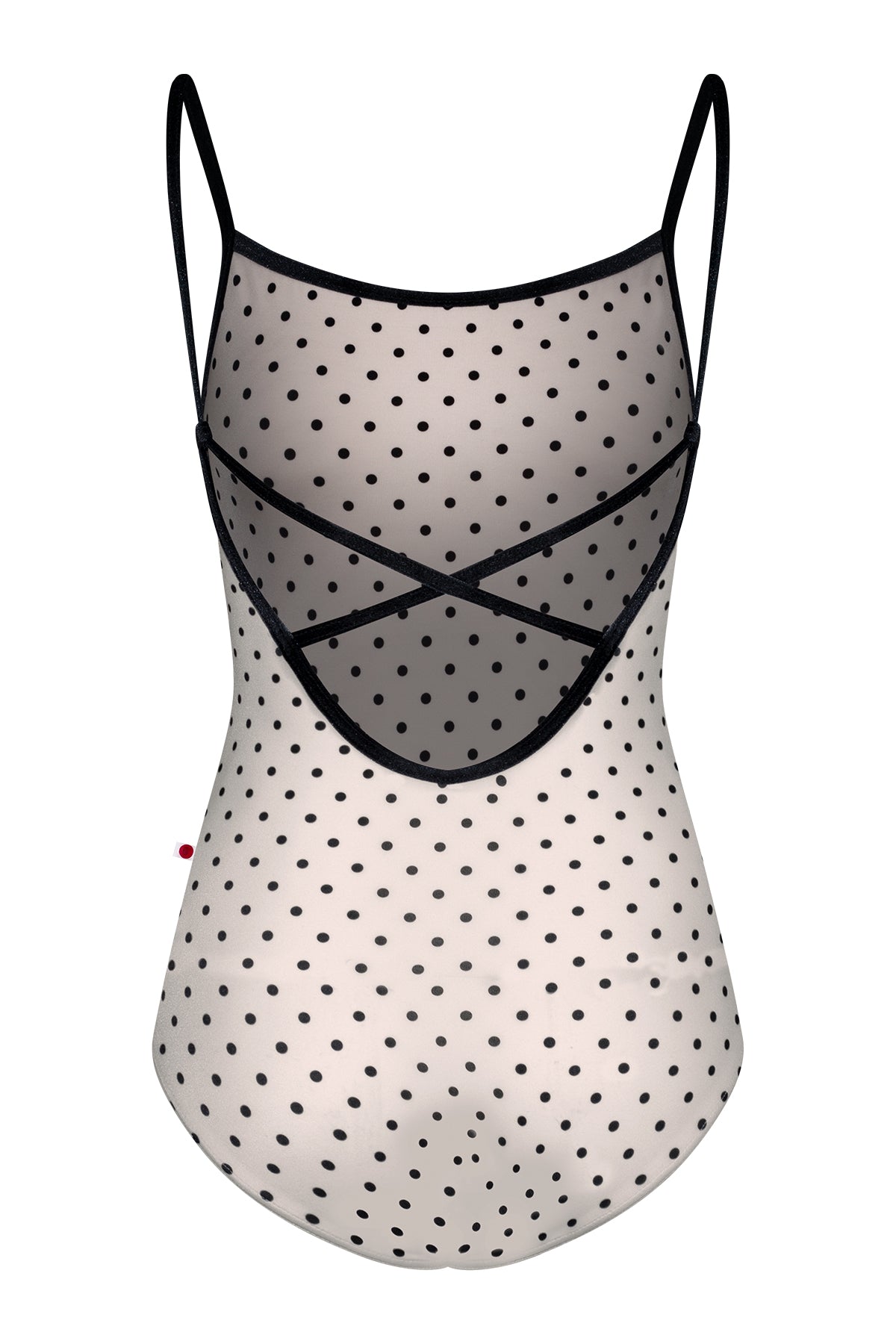Daniela leotard, all-over cream polka-dot with thin black straps and black neckline trim.