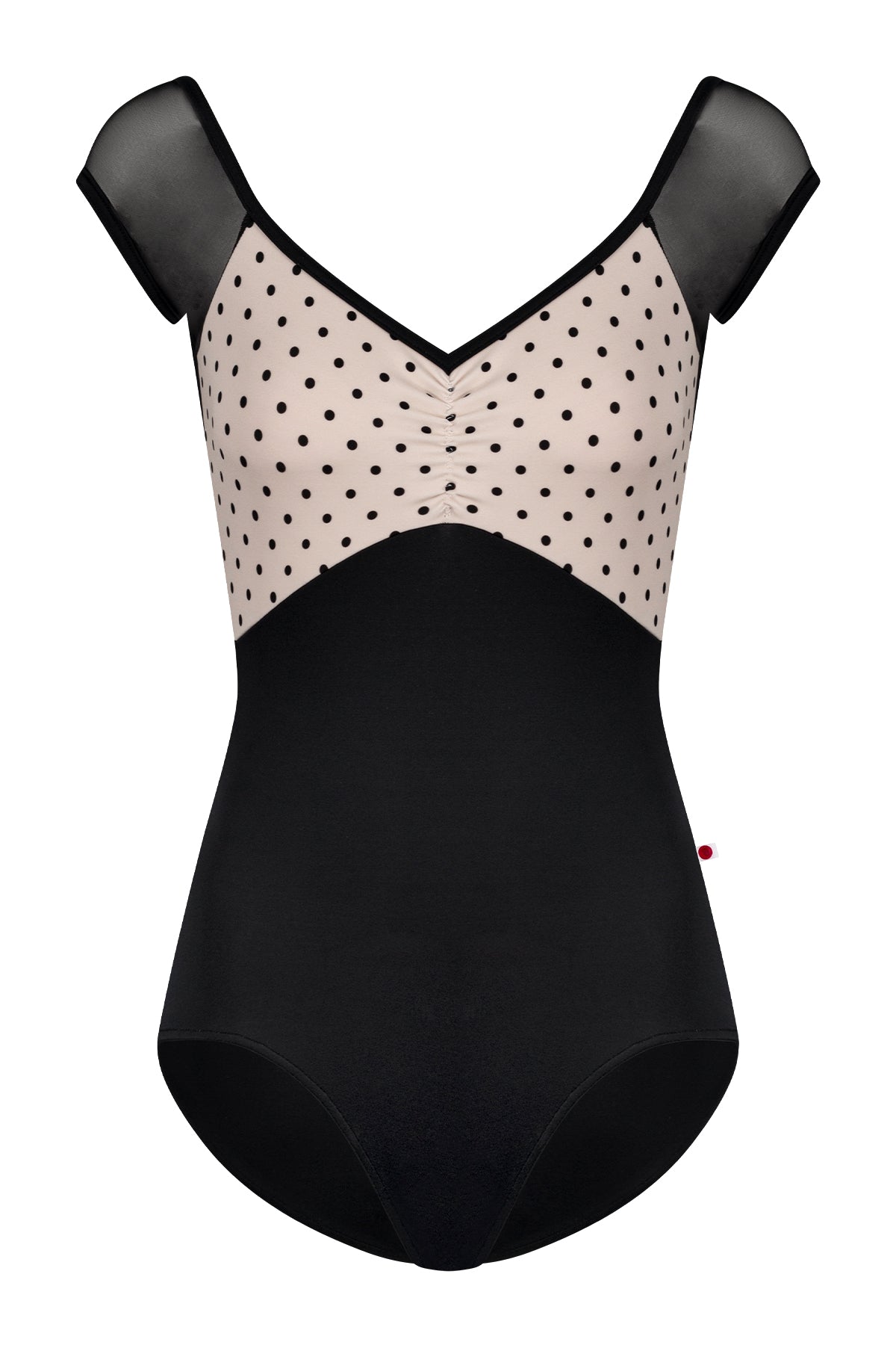 Elli Mesh leotard, cream polka-dot ruched bust with sheer black mesh cap sleeves and V-neckline, black body.