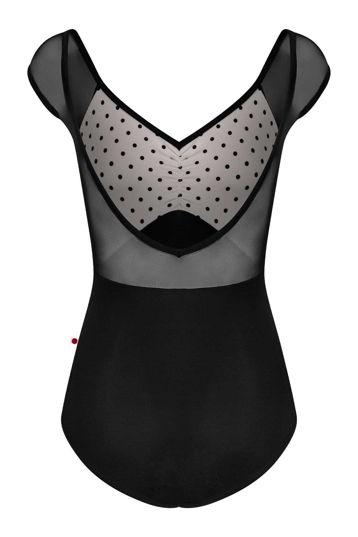Elli Mesh leotard, cream polka-dot ruched bust with sheer black mesh cap sleeves and V-neckline, black body.