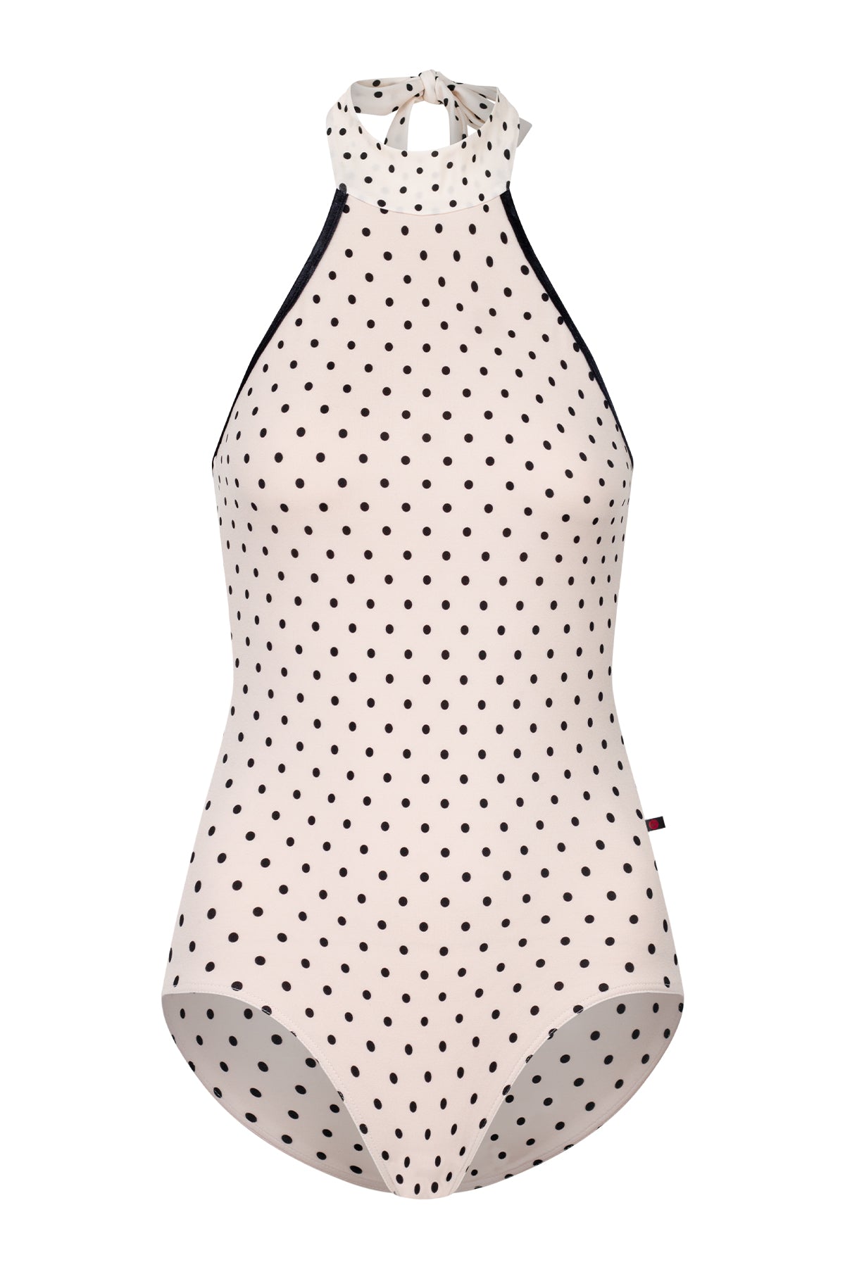 AI-generated model. Kelly leotard, all-over T-Lunares Cream polka-dot with a black-trimmed high halter neck and open sides.