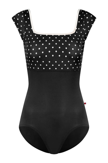 Marieke leotard, black T-Lunares polka-dot square-neck bodice with cream trim and black body, cap sleeves.