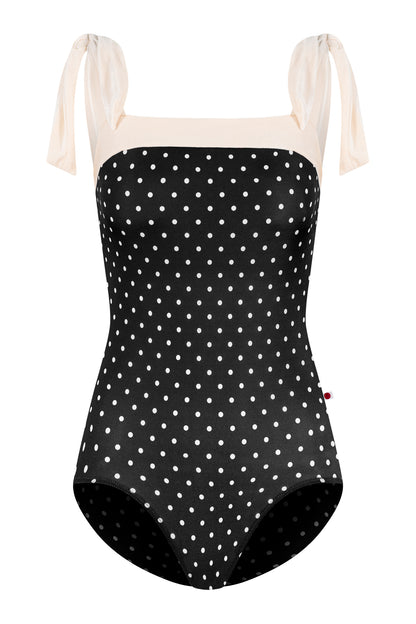 Mimi leotard, black T-Lunares polka-dot body with a blush square neckline and knotted tie shoulder straps.