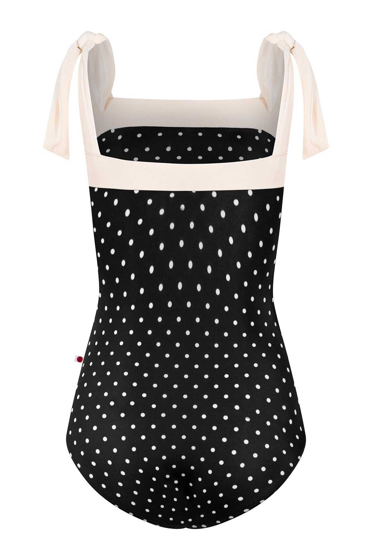 Mimi leotard, black T-Lunares polka-dot body with a blush square neckline and knotted tie shoulder straps.