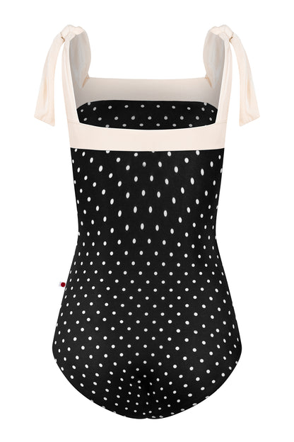 Mimi leotard, black T-Lunares polka-dot body with a blush square neckline and knotted tie shoulder straps.