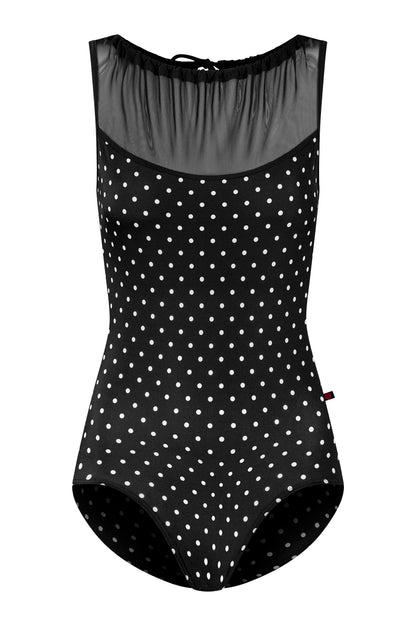 Paris leotard, black T-Lunares polka-dot with a sheer black mesh boat neck and open back.
