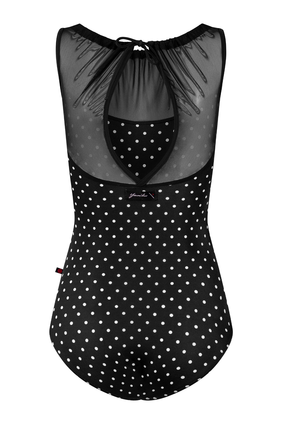 Paris leotard, black T-Lunares polka-dot with a sheer black mesh boat neck and open back.