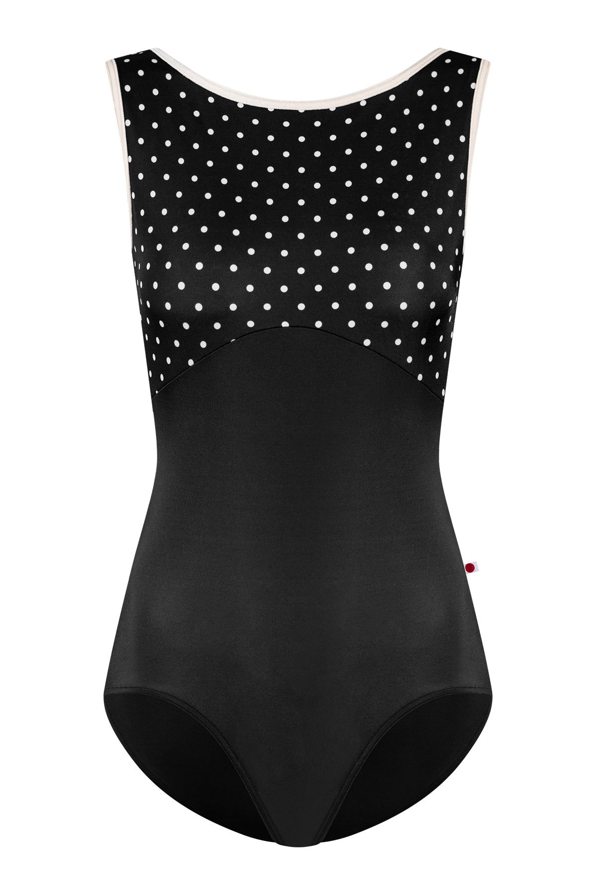 Sofiane leotard, black T-Lunares polka-dot bodice and black body, high boat neckline with blush trim.