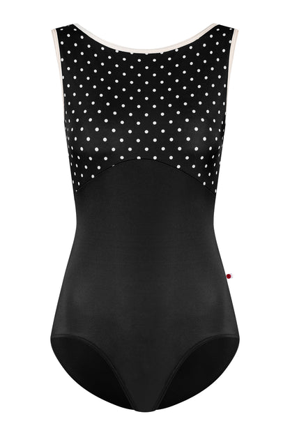 Sofiane leotard, black T-Lunares polka-dot bodice and black body, high boat neckline with blush trim.