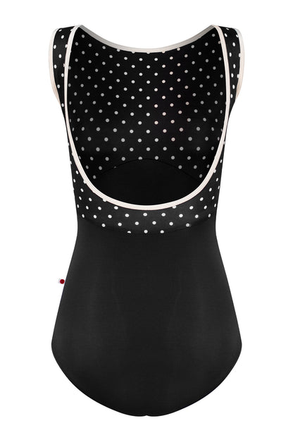 Sofiane leotard, black T-Lunares polka-dot bodice and black body, high boat neckline with blush trim.
