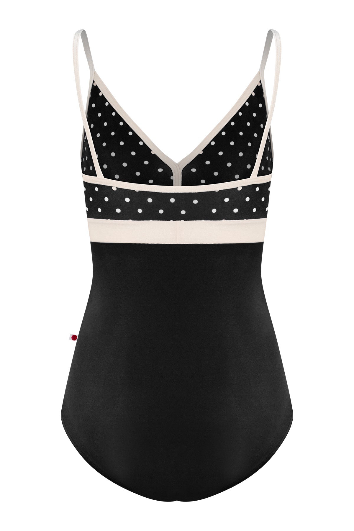 Zoe leotard, black T-Lunares polka-dot V-neck bust with blush straps and waistband, black body.