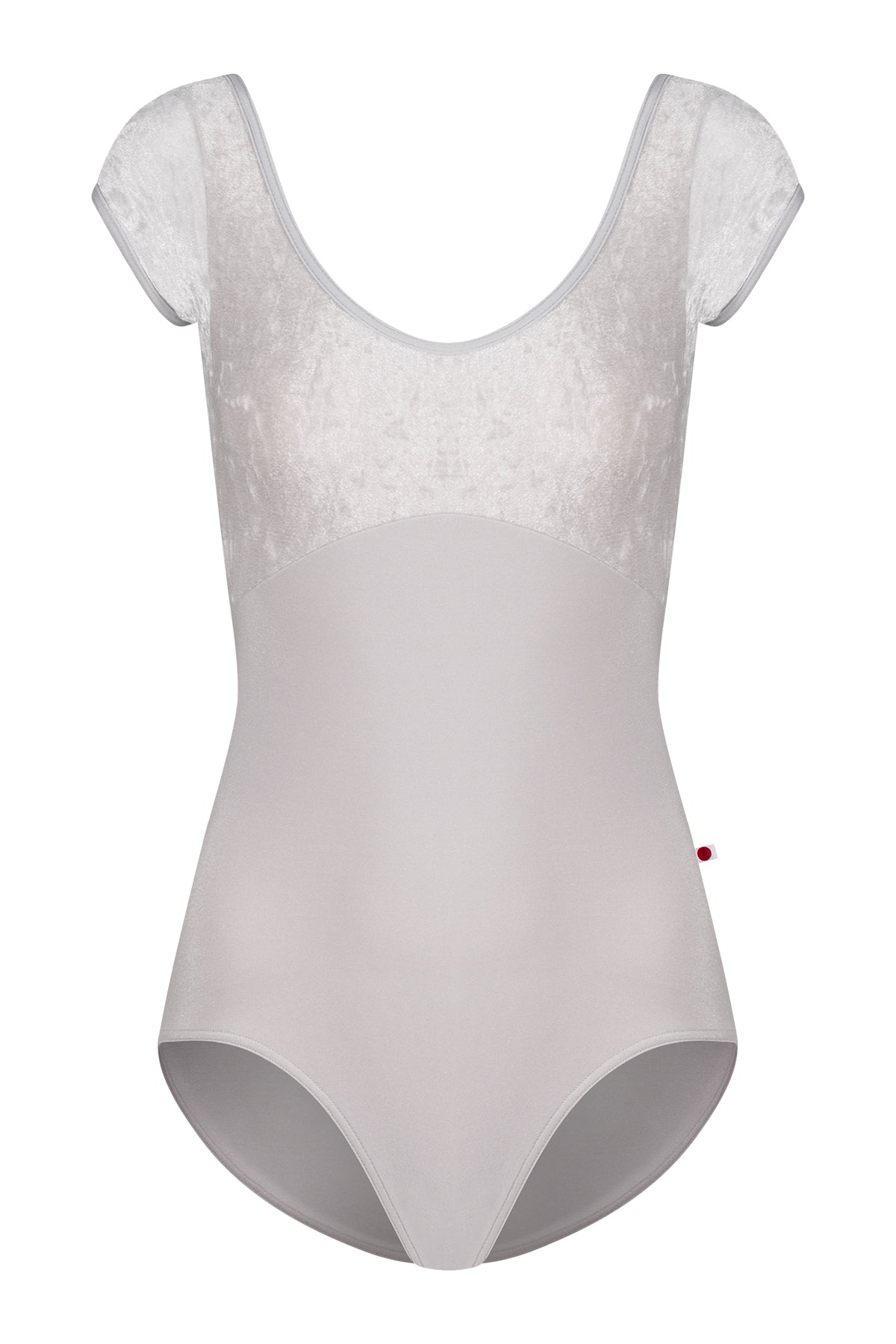 Anna Duo leotard, silver-grey crushed-velvet cap-sleeve bodice and a grey body, scoop neck.