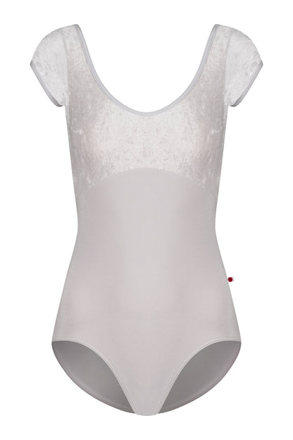 Anna Duo leotard, silver-grey crushed-velvet cap-sleeve bodice and a grey body, scoop neck.