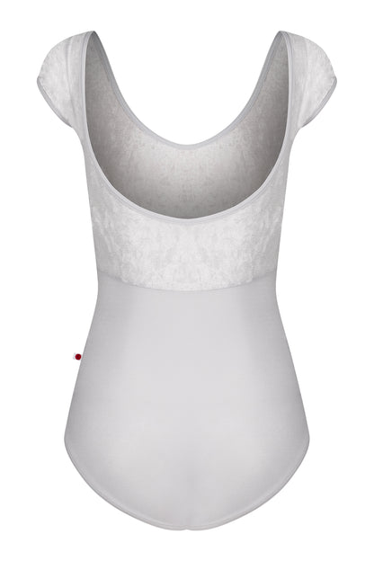 Anna Duo leotard, silver-grey crushed-velvet cap-sleeve bodice and a grey body, scoop neck.