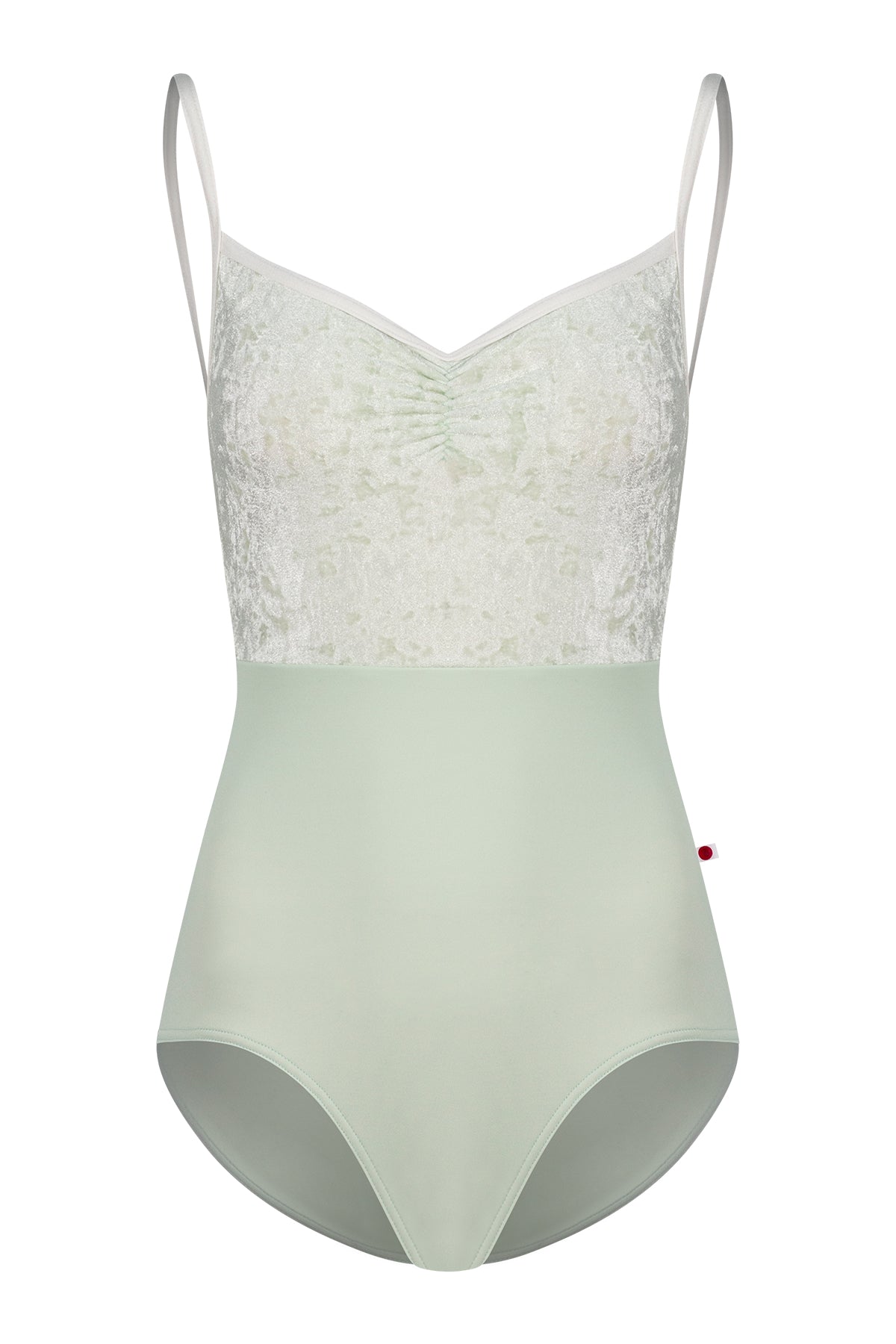 Daniela Duo leotard, pale sage crushed-velvet ruched bodice with cream straps and a pale-green body.