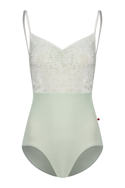 Daniela Duo leotard, pale sage crushed-velvet ruched bodice with cream straps and a pale-green body.