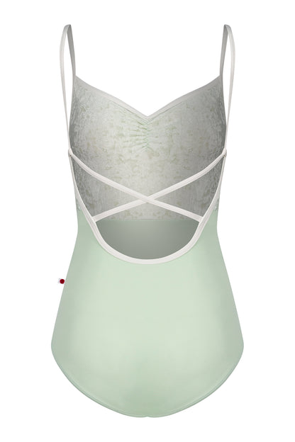 Daniela Duo leotard, pale sage crushed-velvet ruched bodice with cream straps and a pale-green body.