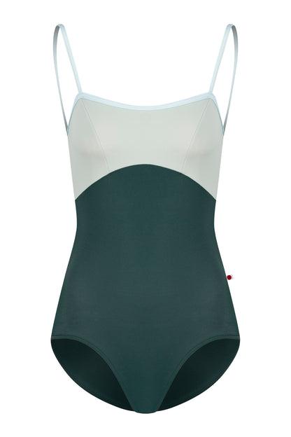 Denise leotard, pale ice-blue upper and a dark-green body, straight neckline with thin straps.