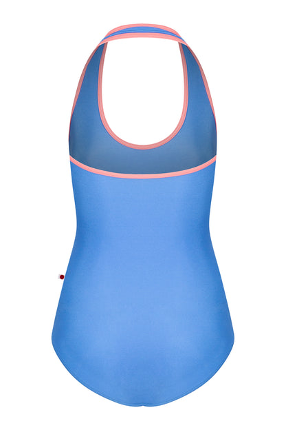 Jaione leotard, periwinkle-blue with a coral-pink halter neckline and open sides.