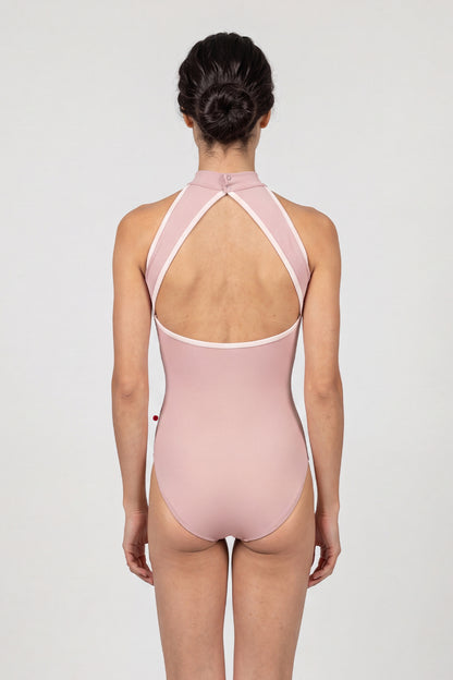 AI-generated model. Noe leotard, dusty-rose with a high halter neck and open sides.