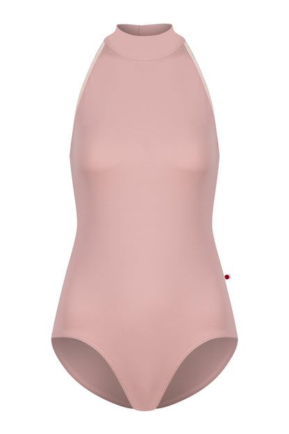 Noe leotard, dusty-rose with a high halter neck and open sides.