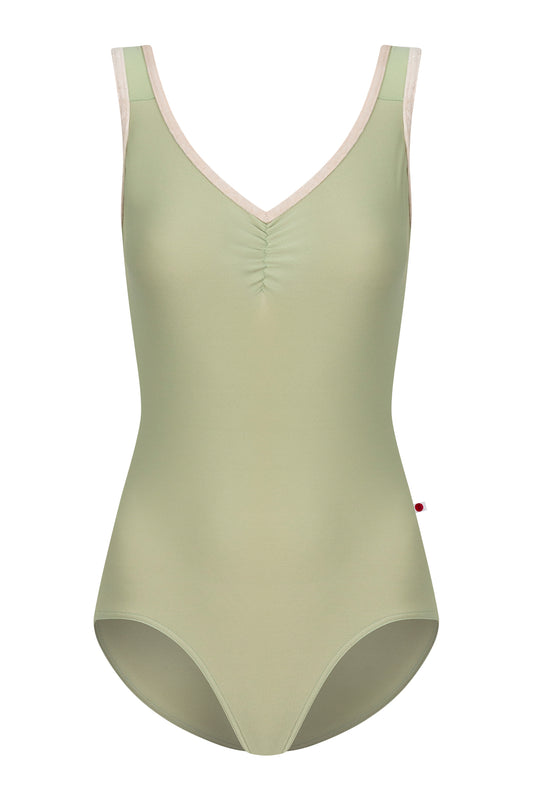 Tiffany leotard, sage-green with double straps in green and pink and a ruched V-neck.