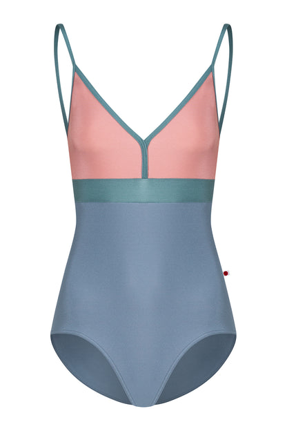 Zoe leotard, dusty-rose bust and blue-grey body with a teal waistband and thin teal straps, V-neck.