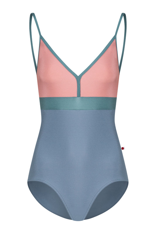 Zoe leotard, dusty-rose bust and blue-grey body with a teal waistband and thin teal straps, V-neck.