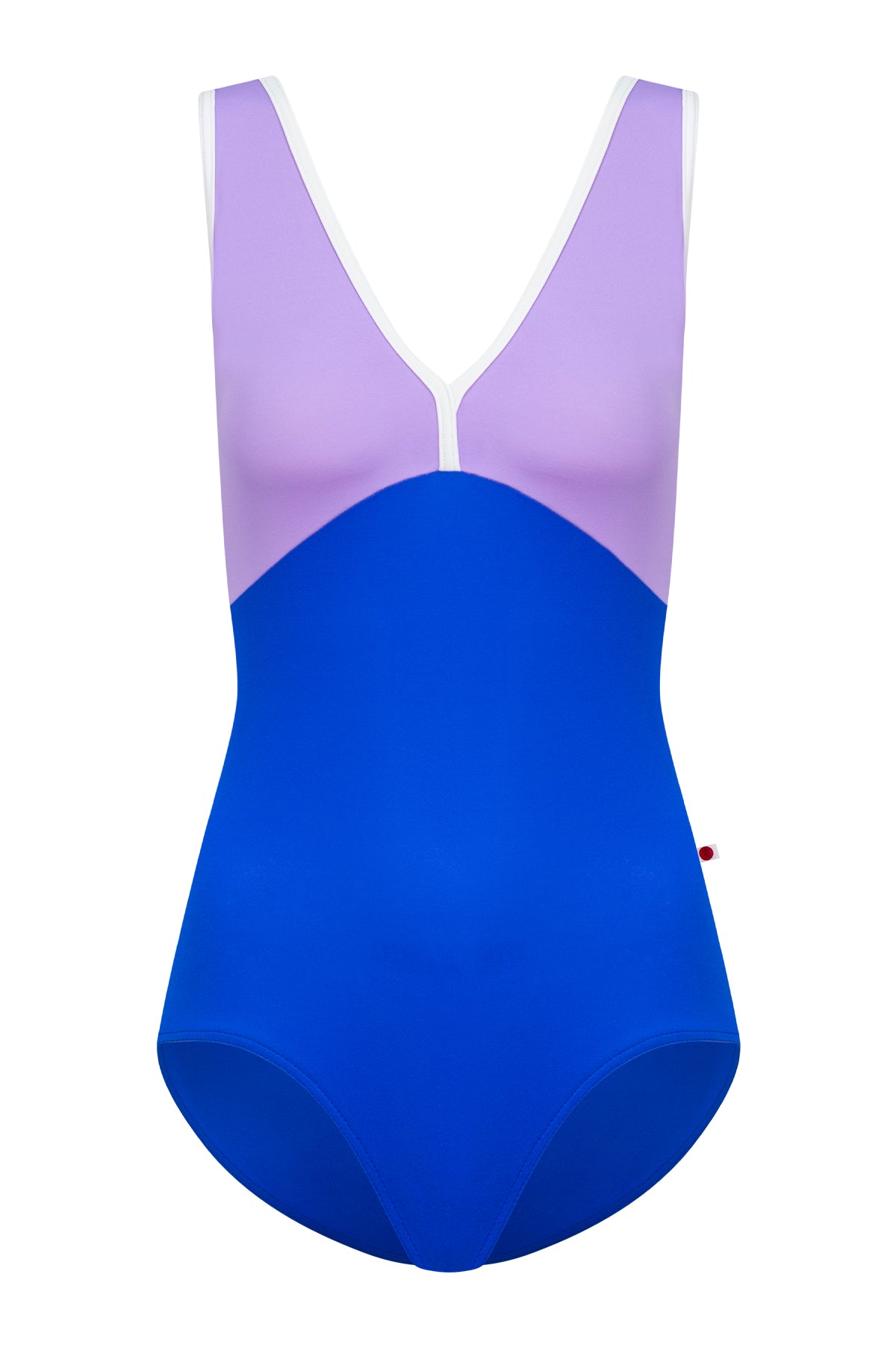 Alicia leotard, lilac body and royal-blue top with a white-trimmed V-neckline and straps.