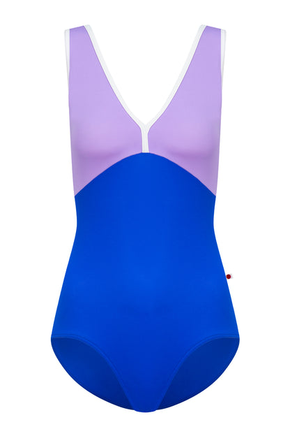 Alicia leotard, lilac body and royal-blue top with a white-trimmed V-neckline and straps.