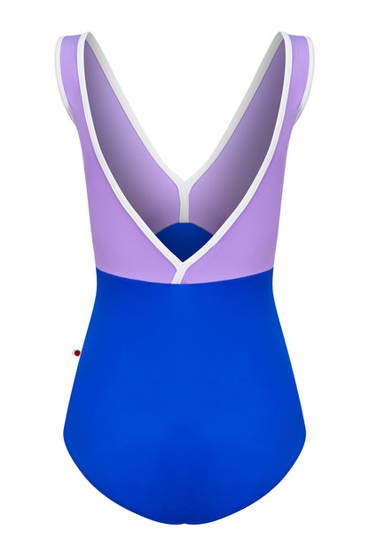 Alicia leotard, lilac body and royal-blue top with a white-trimmed V-neckline and straps.
