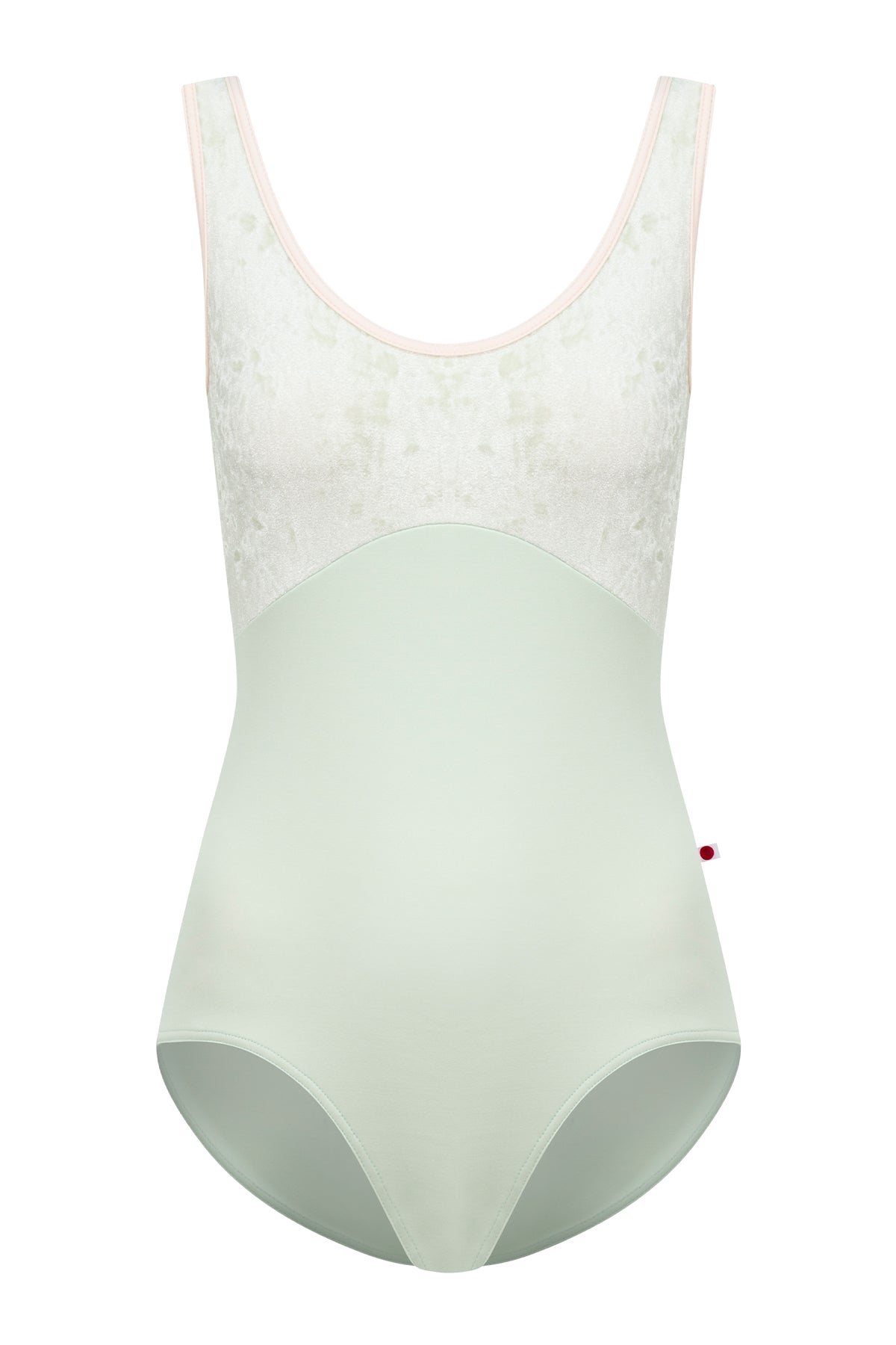 Anna Duo leotard, pistachio green body and a mint-green crushed velvet top with blush-pink trim, scoop neck.
