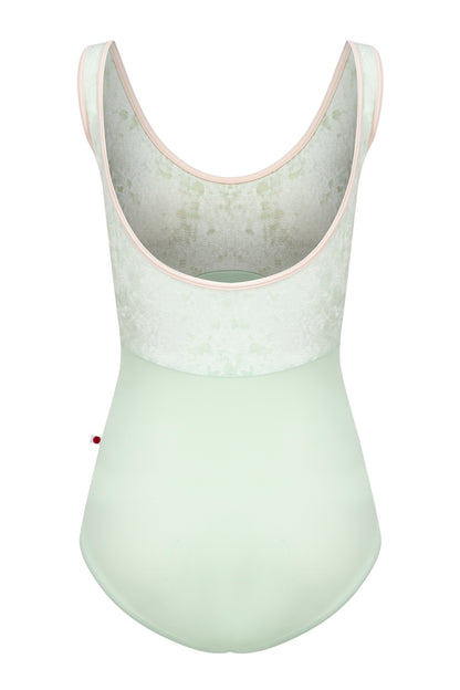 Anna Duo leotard, pistachio green body and a mint-green crushed velvet top with blush-pink trim, scoop neck.