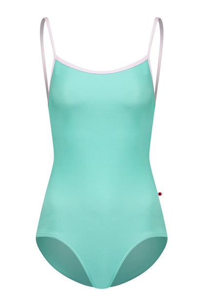 Heather leotard, soft cornflower-blue with turquoise trim on the neckline and thin straps.