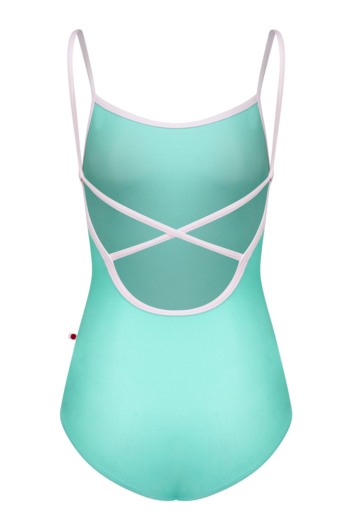 Heather leotard, soft cornflower-blue with turquoise trim on the neckline and thin straps.