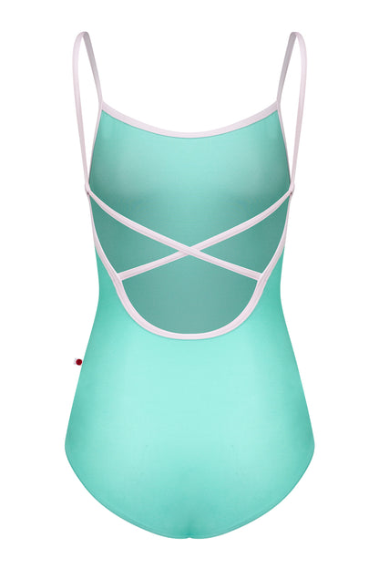Heather leotard, soft cornflower-blue with turquoise trim on the neckline and thin straps.