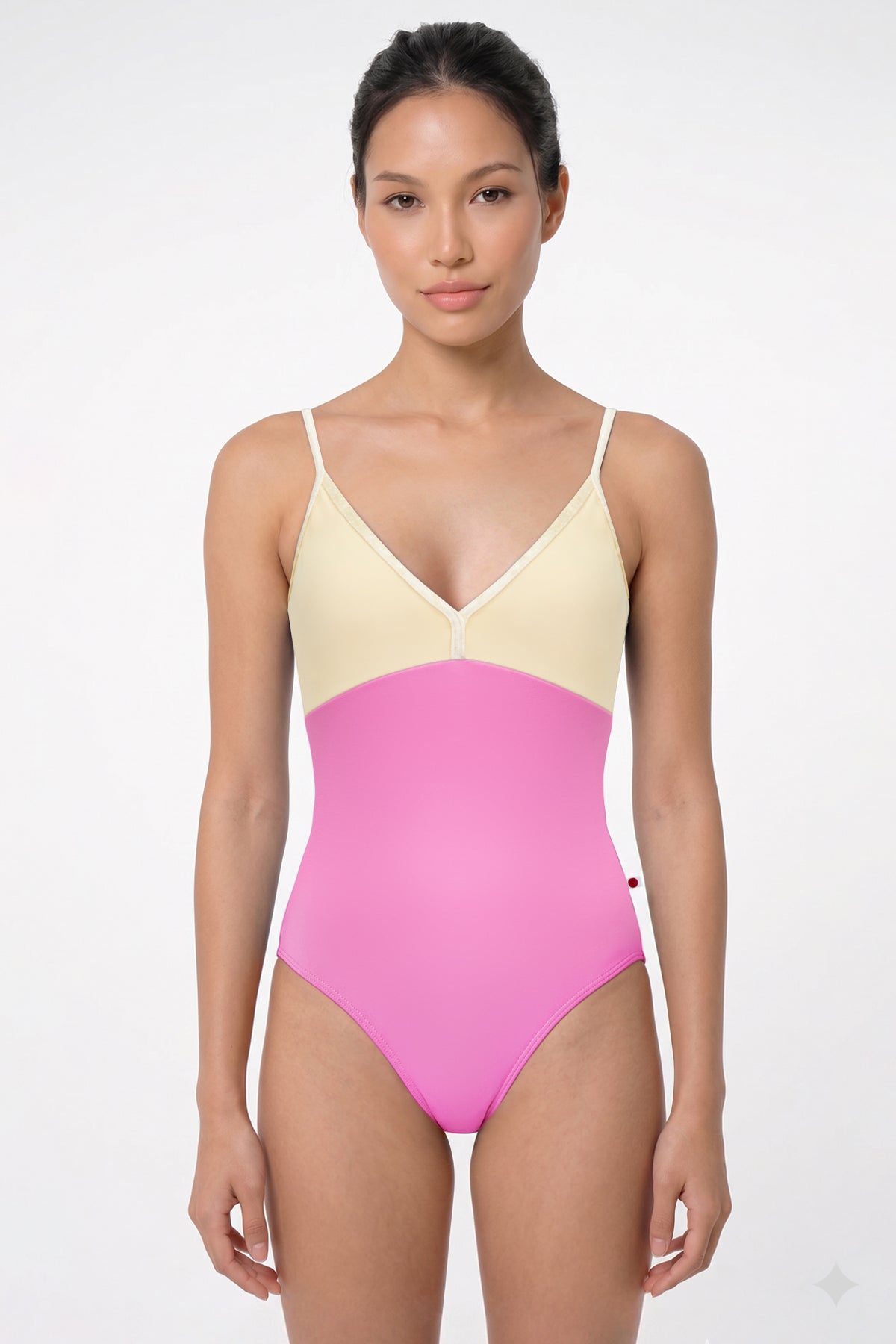 AI-generated model. Daria leotard, pink body with vanilla yellow top and crushed velvet vanilla yellow trim.
