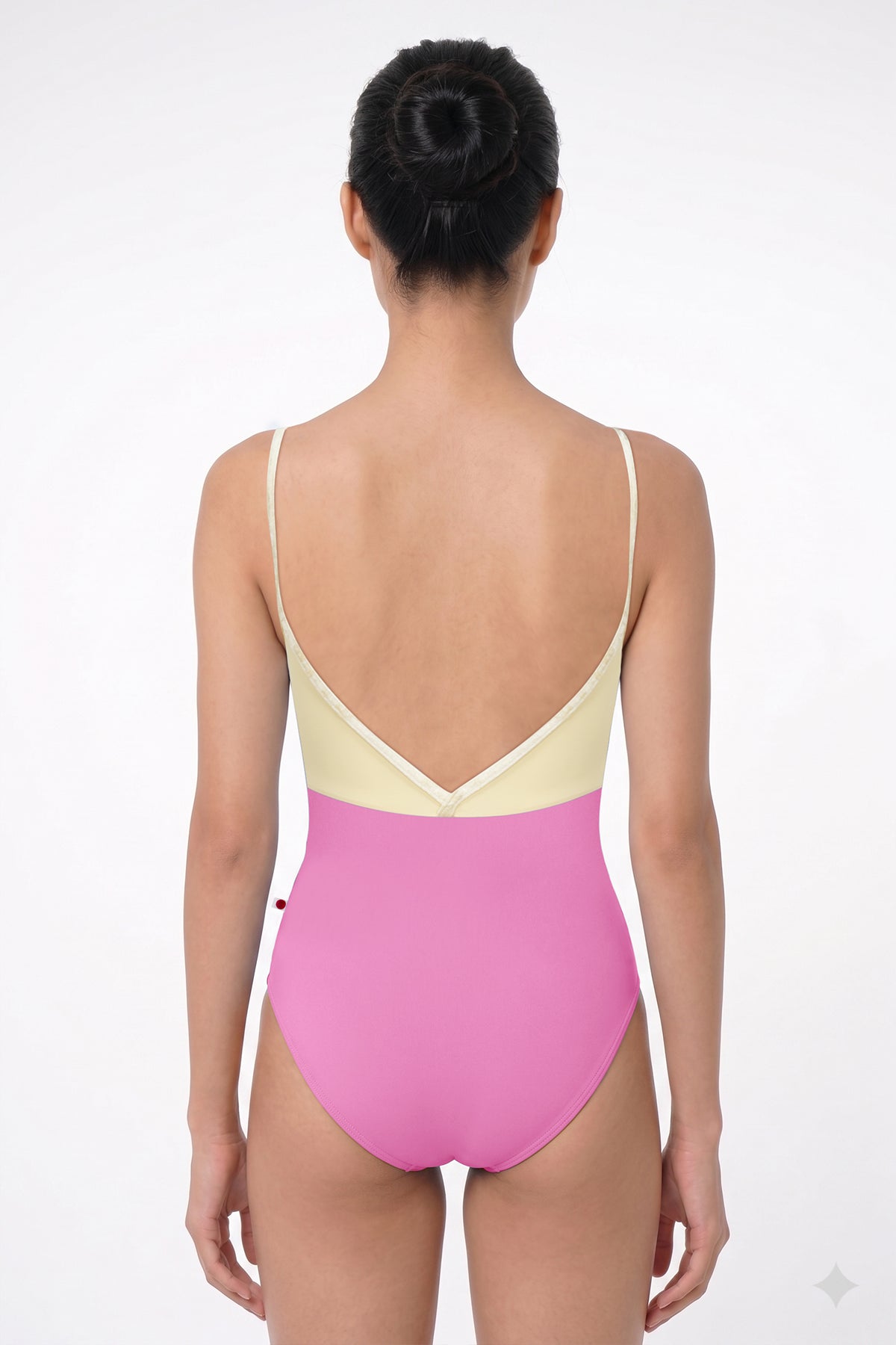 AI-generated model. Daria leotard, pink body with vanilla yellow top and crushed velvet vanilla yellow trim.