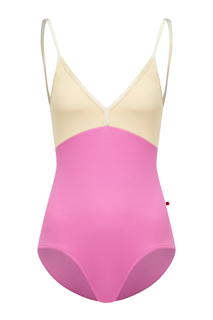 Daria leotard, pink body with vanilla yellow top and crushed velvet vanilla yellow trim.
