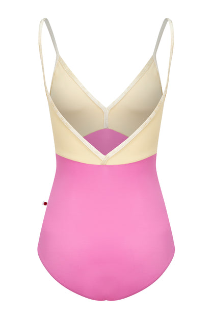Daria leotard, pink body with vanilla yellow top and crushed velvet vanilla yellow trim.