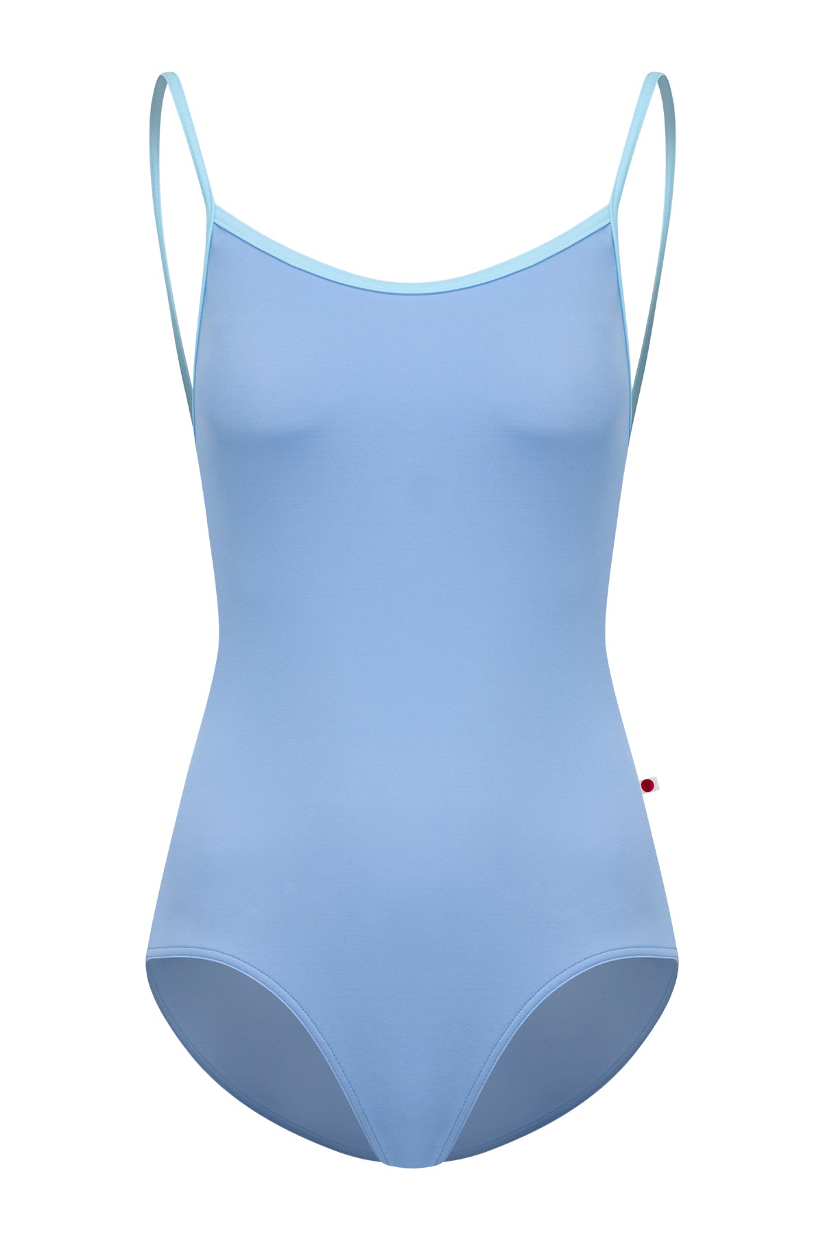 Kathy leotard, coral-pink with a gathered white mesh bust panel and white trim.