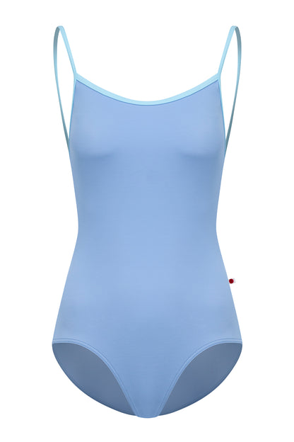 Kathy leotard, coral-pink with a gathered white mesh bust panel and white trim.